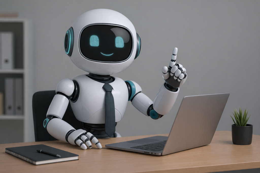 Illustration zu KI im Dozenten Business mit Roboter am Schreibtisch