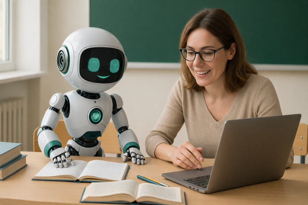 Illustration zu KI im Unterricht mit Lehrkraft und Roboter am Laptop
