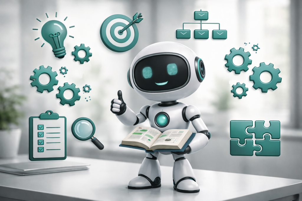 Illustration zu KI Grundlagen und Methoden mit Symbolen und Roboter