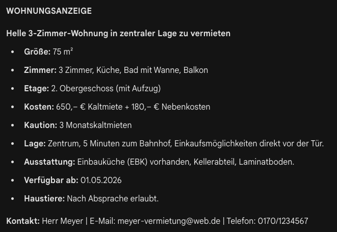 Screenshot mit KI generierter Wohnungsanzeige und Aufgaben für Niveau A2