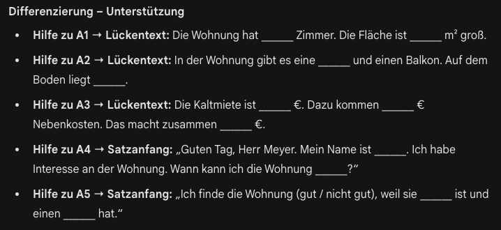 Screenshot mit Leseaufgaben und Unterrichtsaufgaben zum Thema Wohnen mit Unterstützung für die Schwächeren.