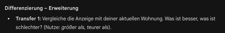Screenshot mit differenzierten Aufgaben für stärkere Lernende